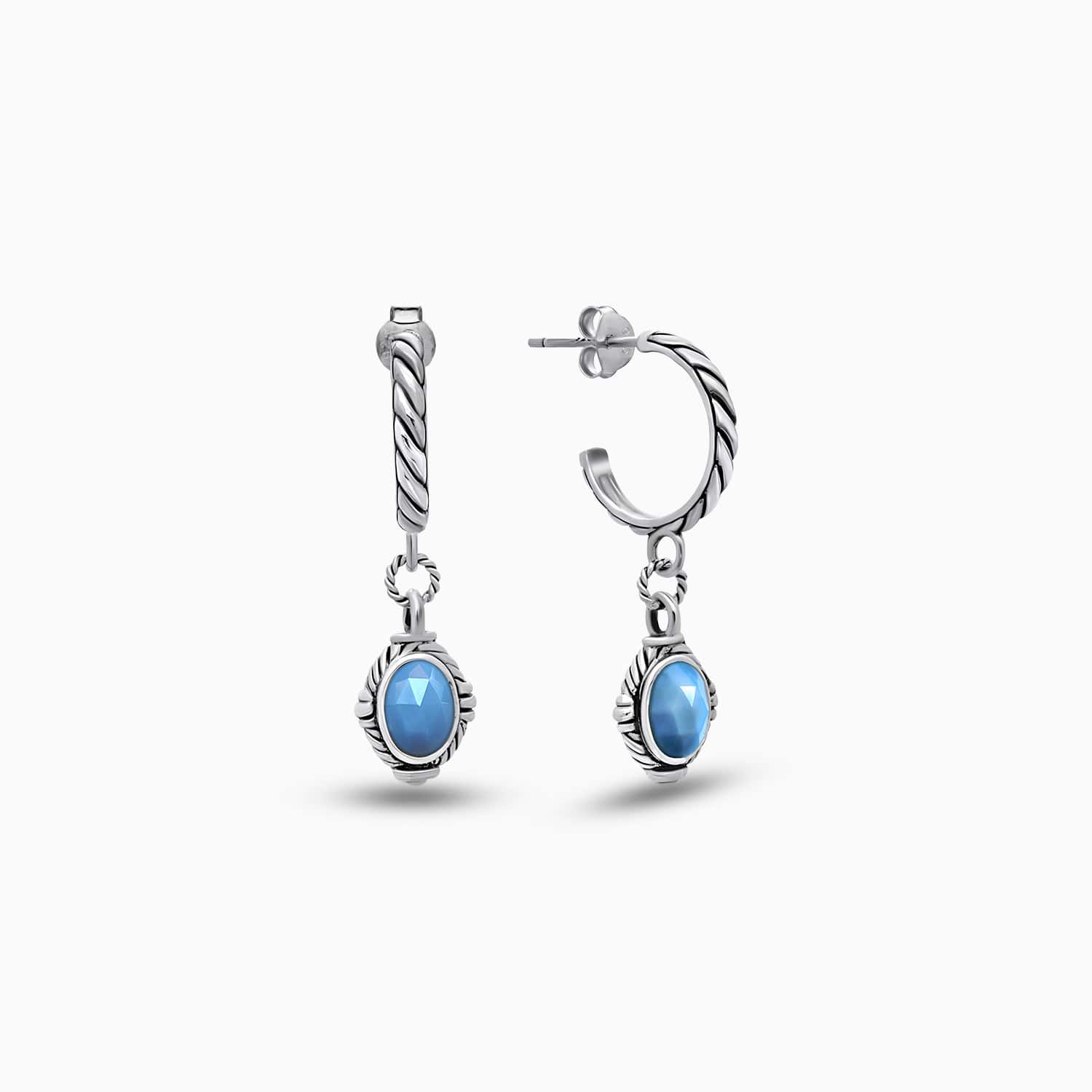 Blue Charm: Opal Sterling Silver Drop Hoop Earrings
