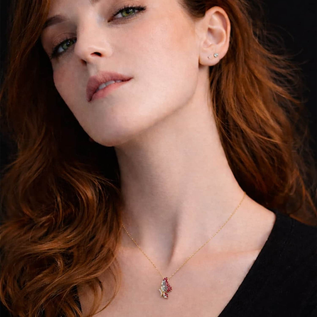 Butterfly Round Ruby, Sapphire & Diamond Pendant in 18K Rose Gold