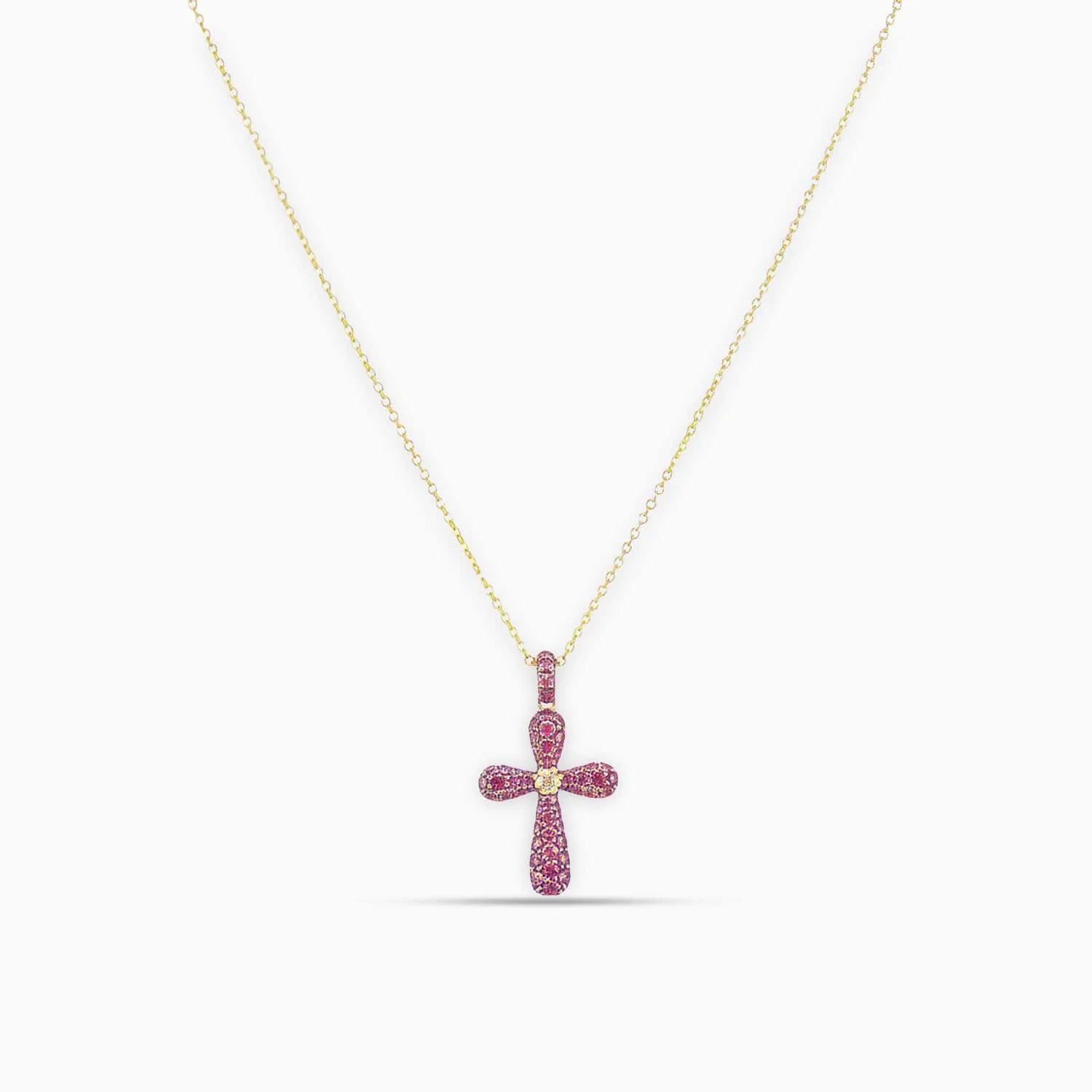 Cross Pink Sapphire & Diamond Pendant in 18K Rose Gold