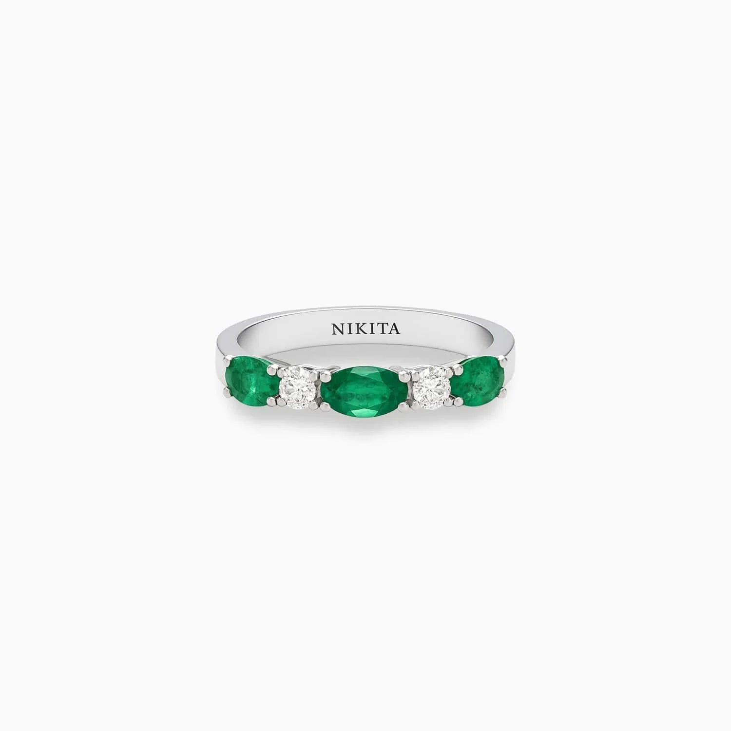 Oval Emerald & Diamond Band in 14K White Gold