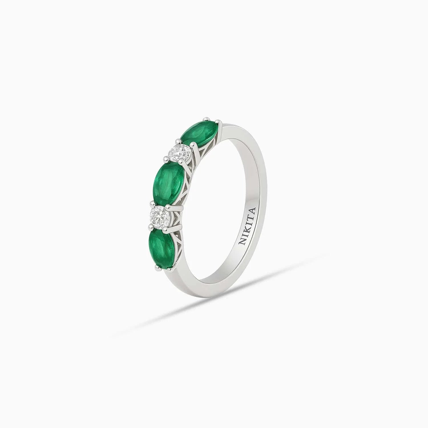Oval Emerald & Diamond Band in 14K White Gold
