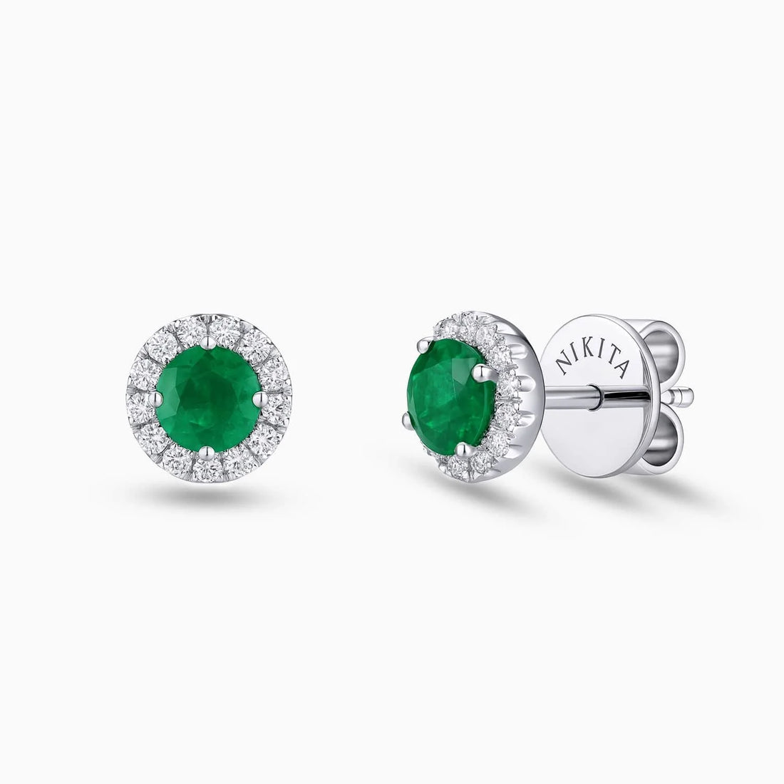 Round Emerald & Diamond Stud Earrings in 14K White Gold