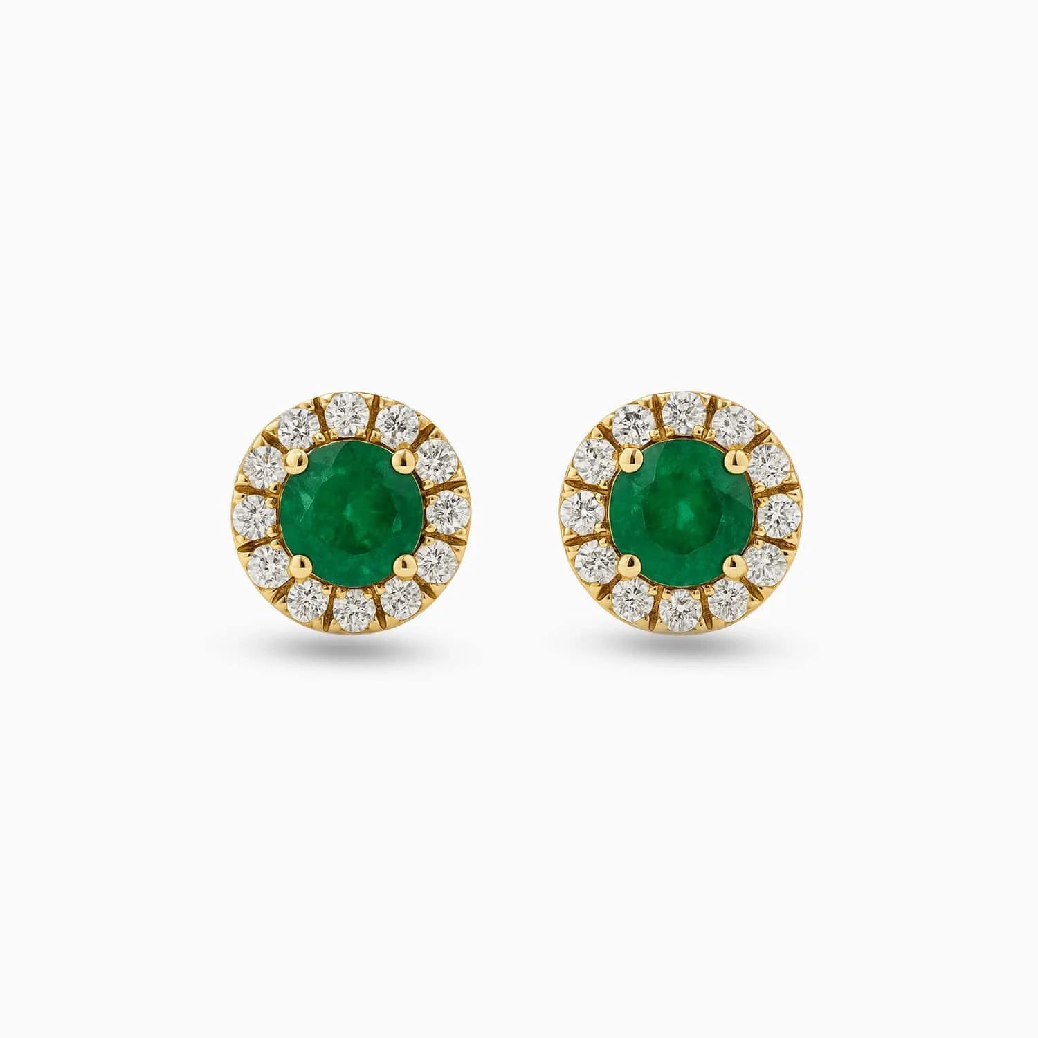 Round Emerald & Diamond Stud Earrings in 14K Yellow Gold
