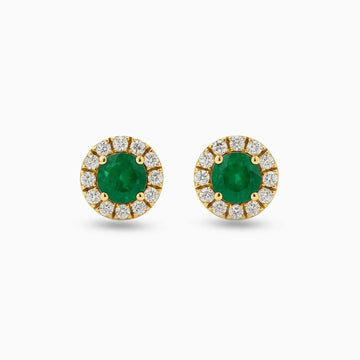 Round Emerald & Diamond Stud Earrings in 14K Yellow Gold