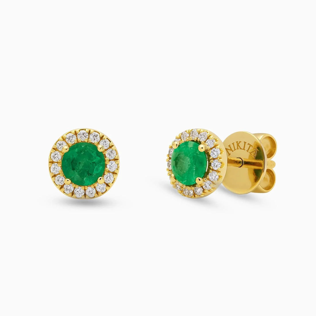 Round Emerald & Diamond Stud Earrings in 14K Yellow Gold