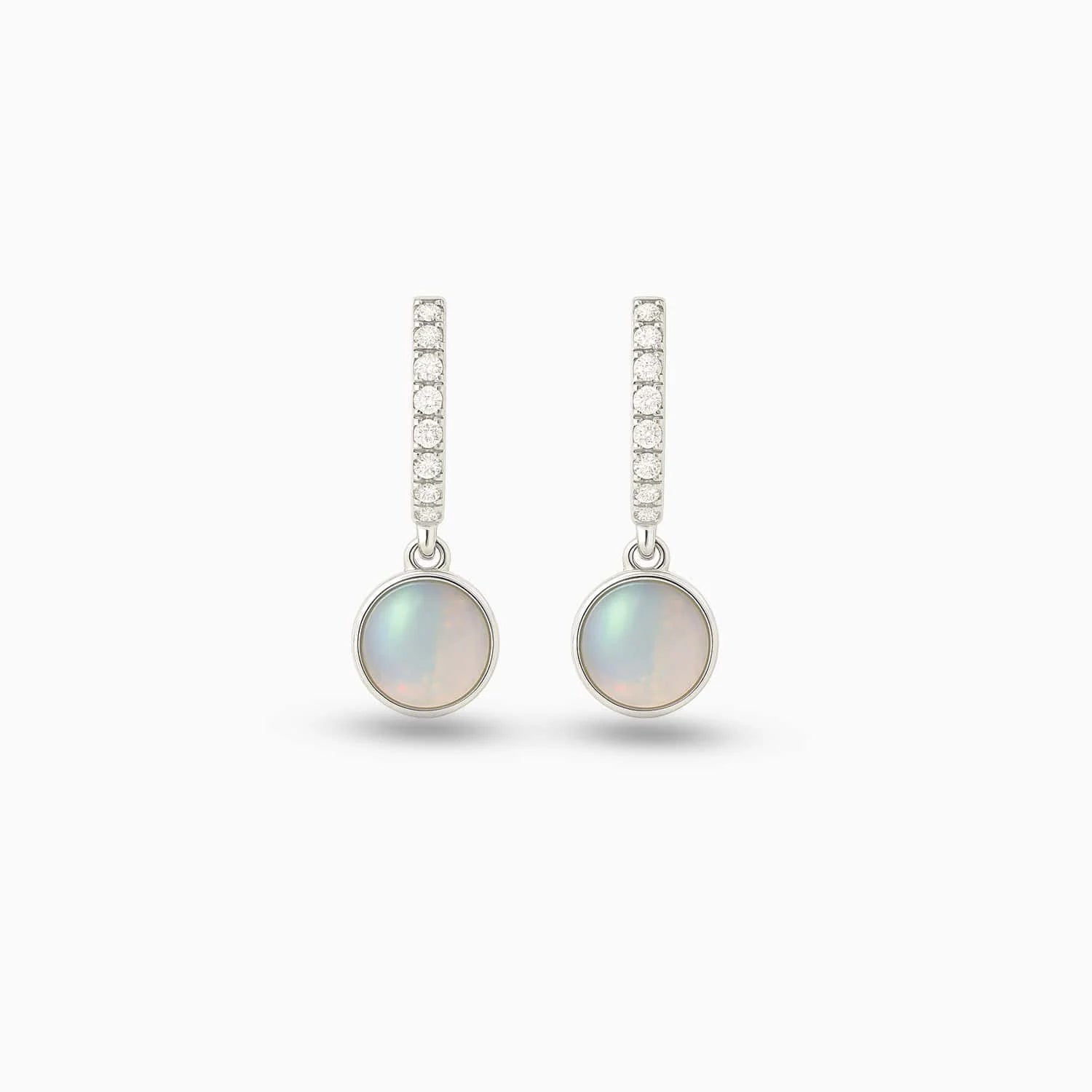 Round Opal & Diamond Drop Earrings in 14K White Gold