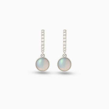 Round Opal & Diamond Drop Earrings in 14K White Gold
