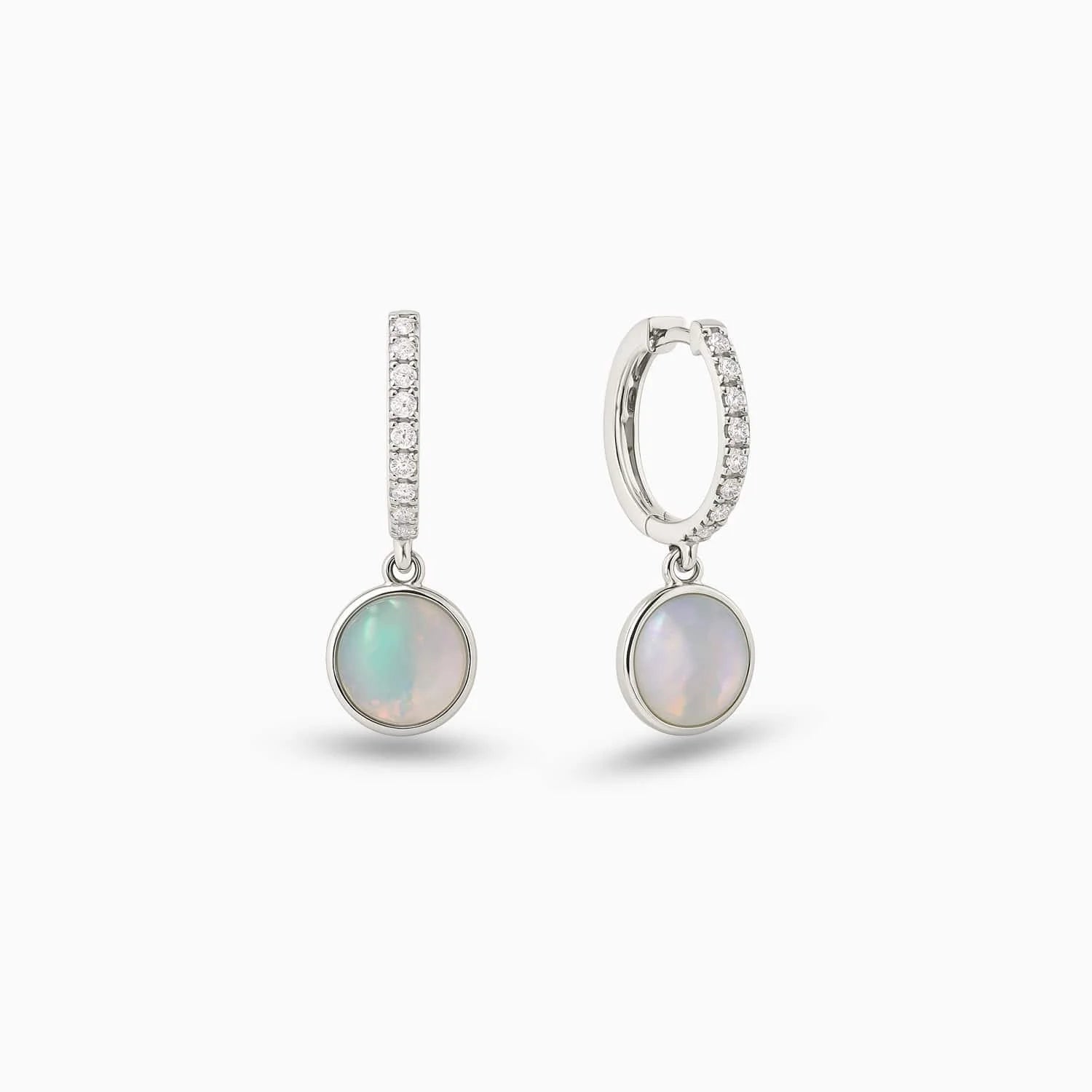 Round Opal & Diamond Drop Earrings in 14K White Gold