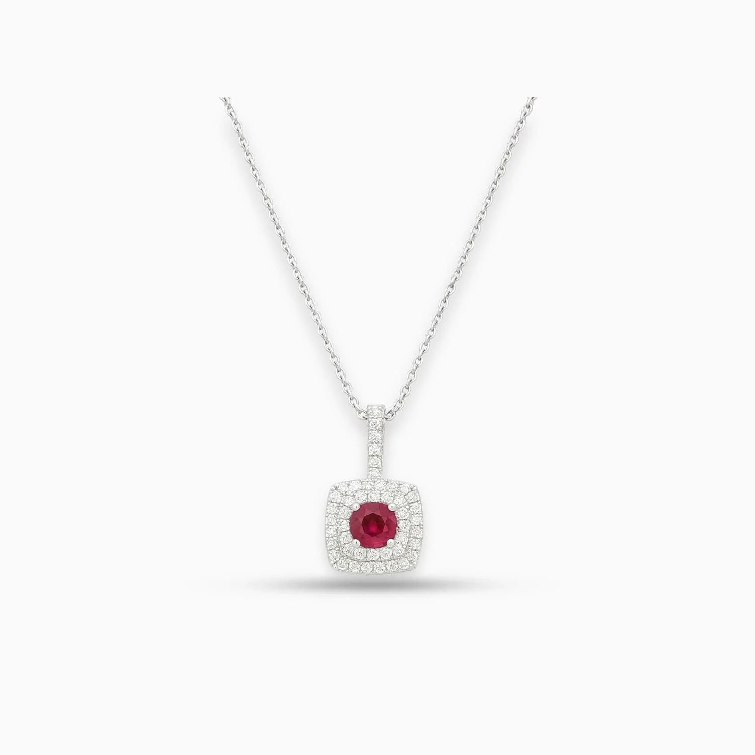 Round Ruby & Diamond Pendant in 14K White Gold