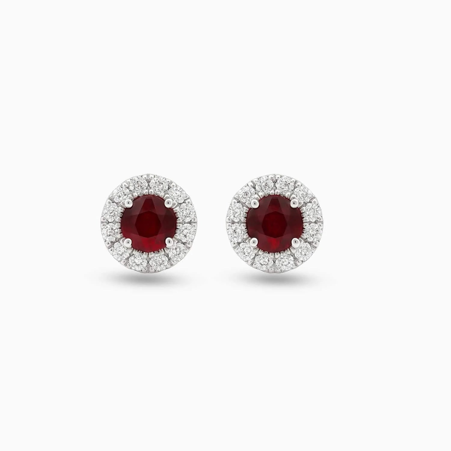 Round Ruby & Diamond Stud Earrings in 18K White Gold