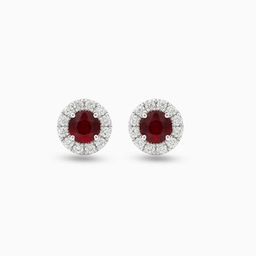 Round Ruby & Diamond Stud Earrings in 18K White Gold