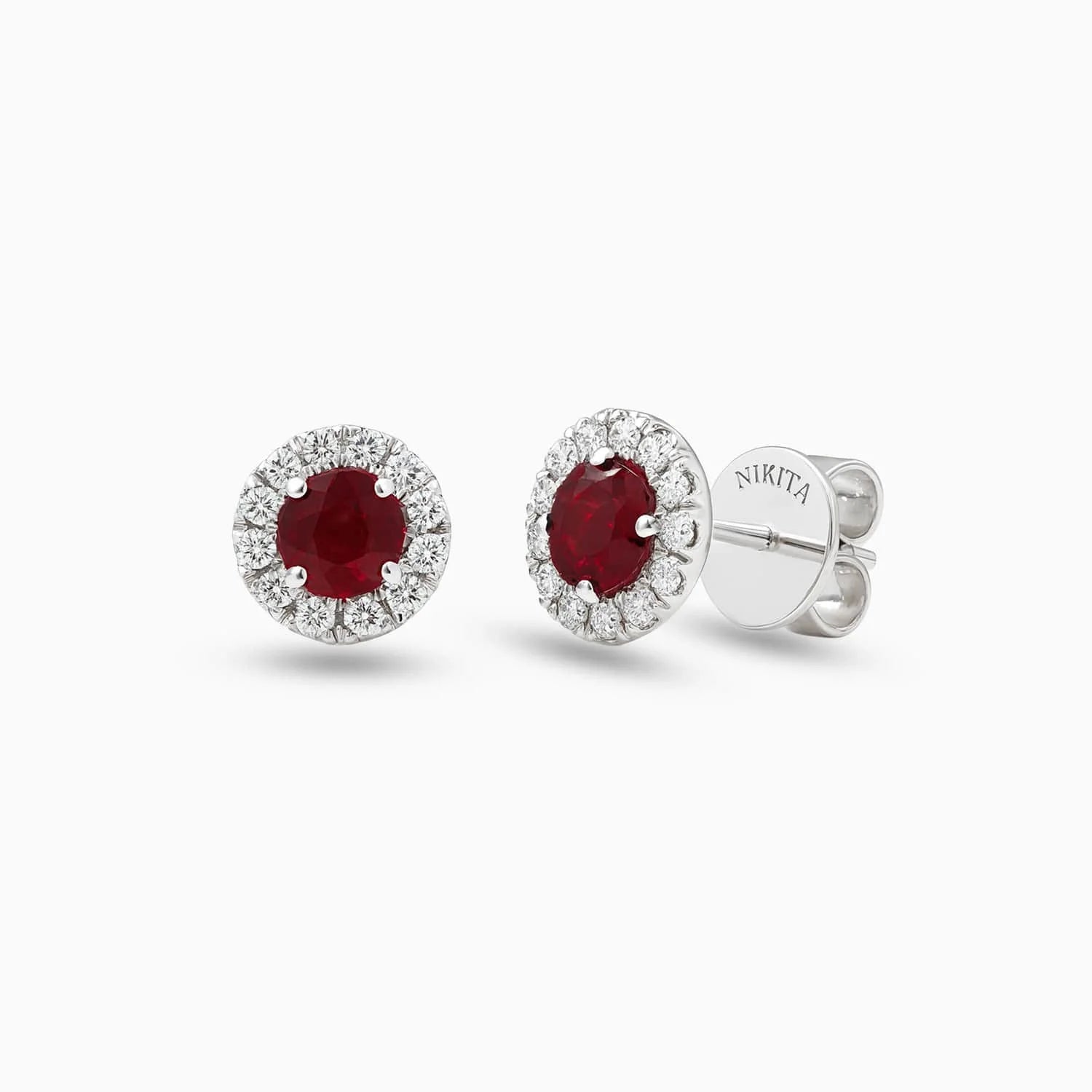 Round Ruby & Diamond Stud Earrings in 18K White Gold