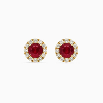 Round Ruby & Diamond Stud Earrings in 14K Yellow Gold