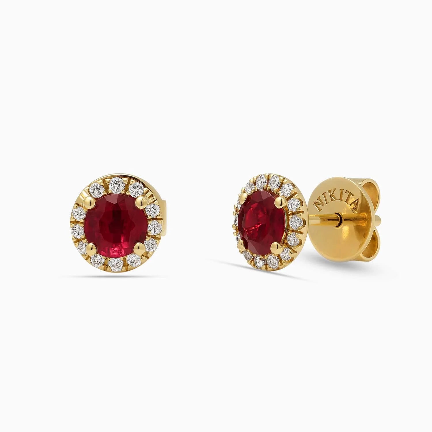 Round Ruby & Diamond Stud Earrings in 14K Yellow Gold