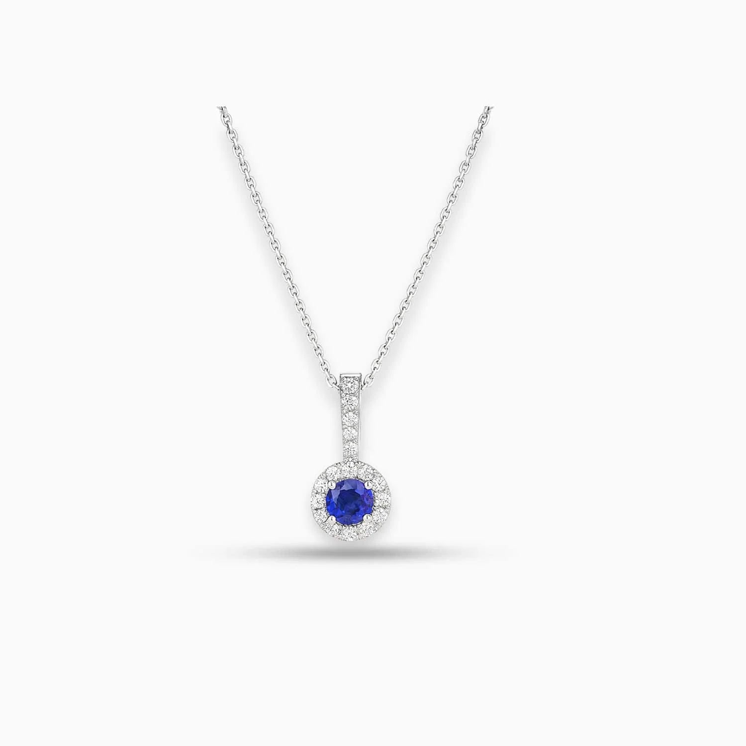 Round Sapphire & Diamond Pendant in 14K White Gold