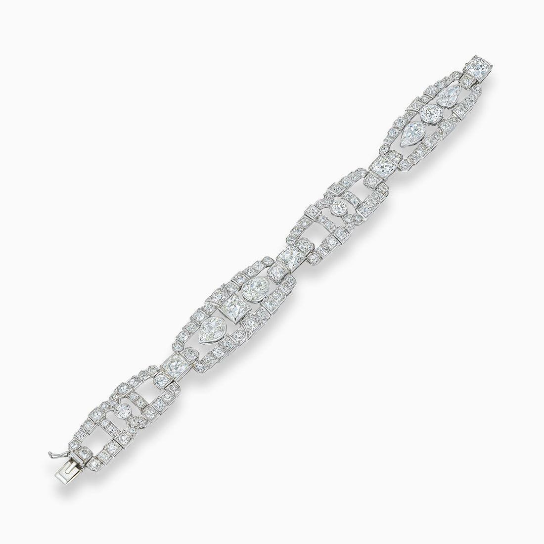 Art Deco diamond bracelet with antique pear shape, old European cut, old mine cut, and French cut diamonds in platinum
