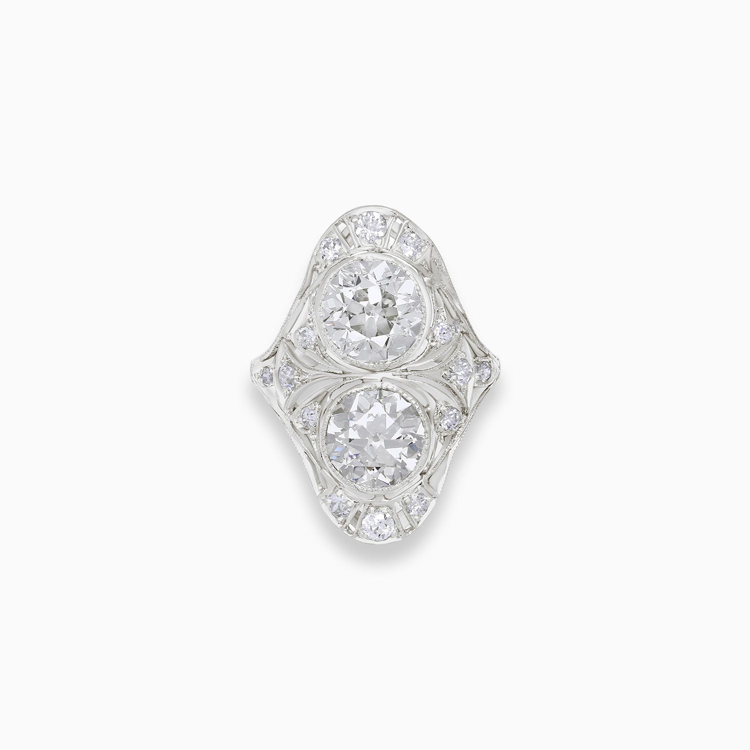 Art Deco double diamond ring with old cut diamond accents in 18K white gold