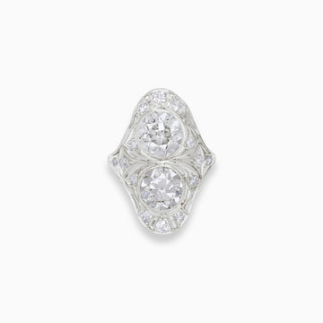 Art Deco double diamond ring with old cut diamond accents in 18K white gold