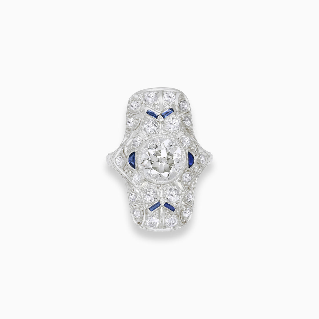 Art Deco old mine diamond and sapphire ring in 18K white gold