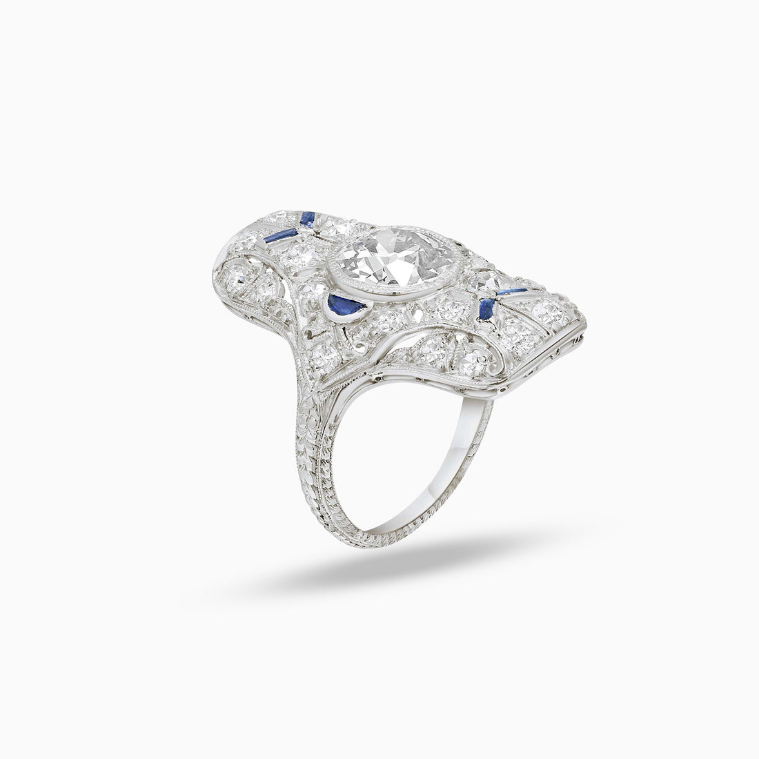 Art Deco old mine diamond and sapphire ring in 18K white gold