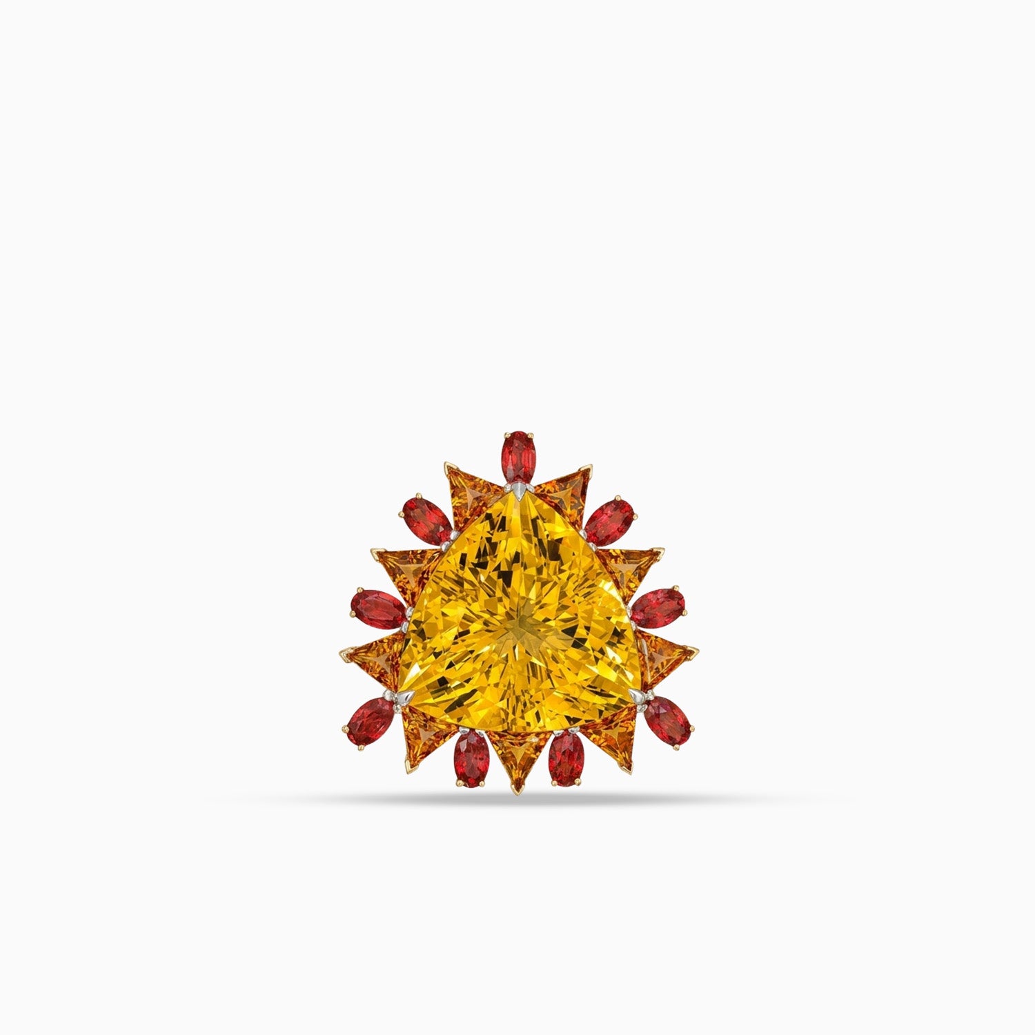 Beryl brooch with trillion citrines, oval tourmalines and round brilliant cut diamonds in 18K yellow gold