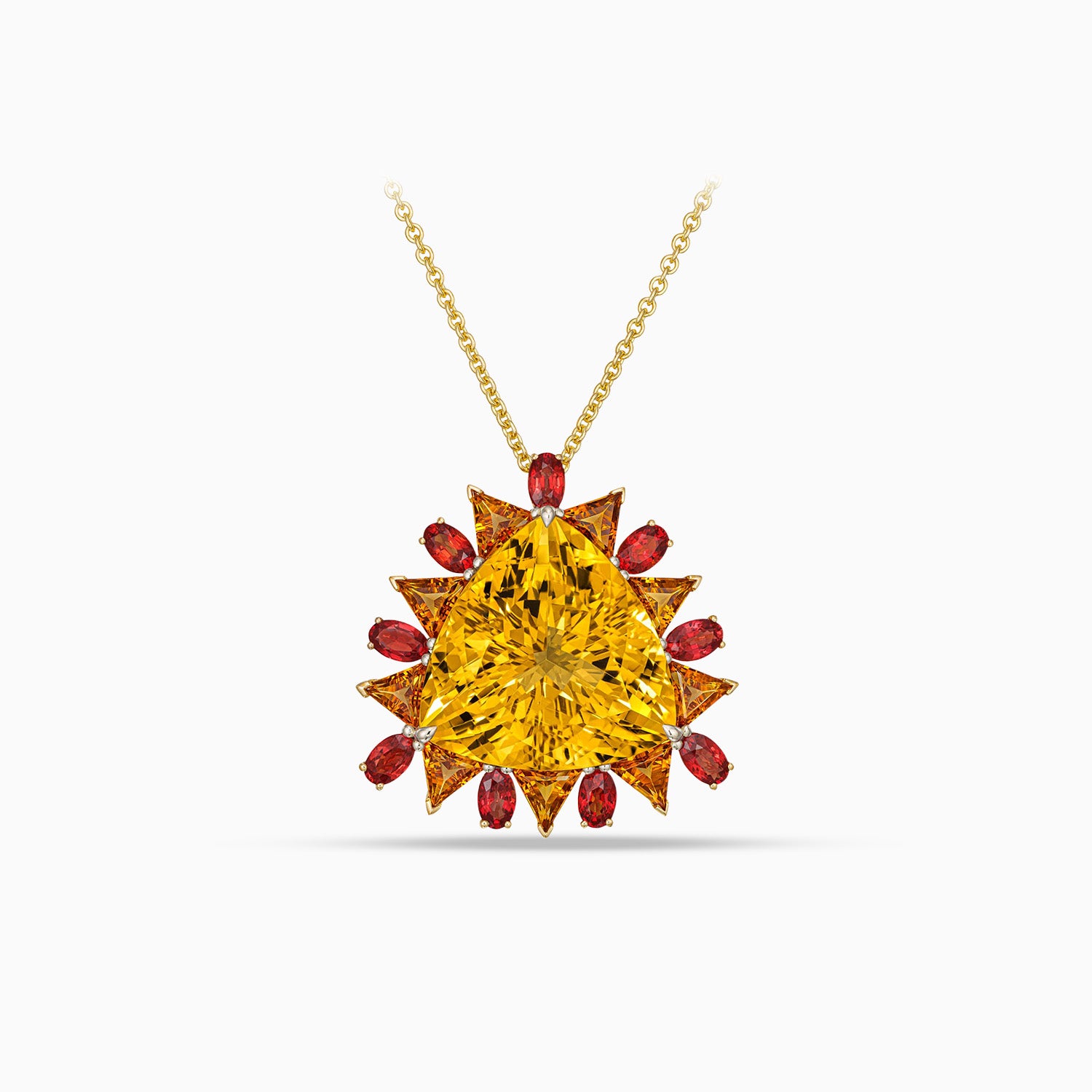 Trillion shape beryl pendant with citrines, tourmalines and diamonds in 18K yellow gold