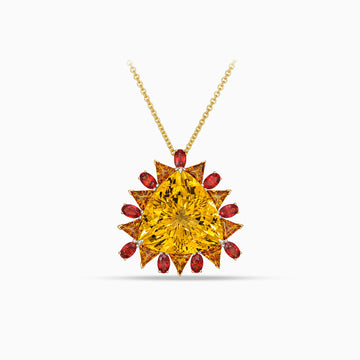 Trillion shape beryl pendant with citrines, tourmalines and diamonds in 18K yellow gold