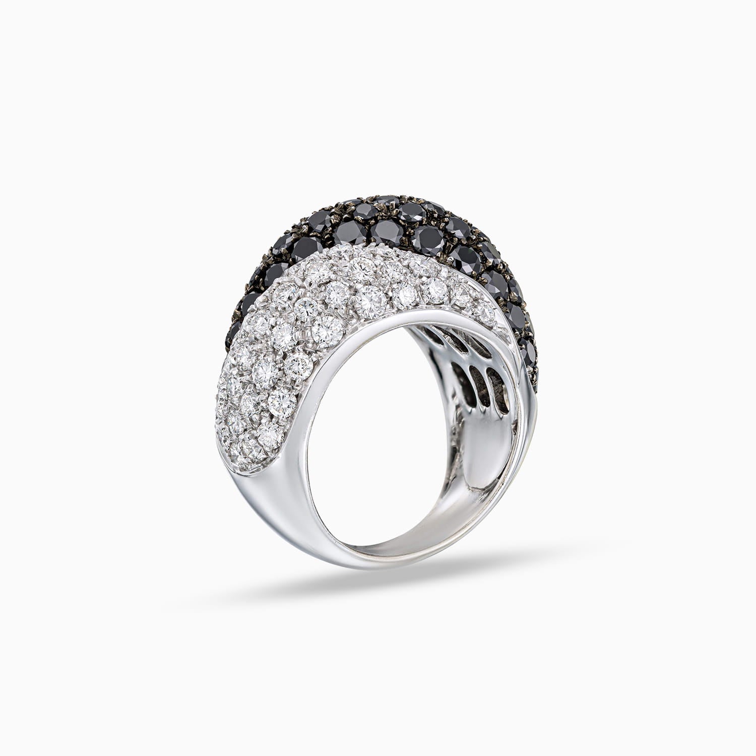 Side view of black and white diamond ring in 18K white gold