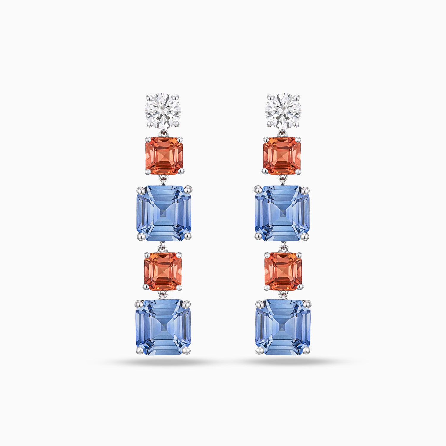 Blue and red Asscher cut sapphire drop earrings with round brilliant cut diamonds in 18K white gold