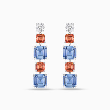 Blue and red Asscher cut sapphire drop earrings with round brilliant cut diamonds in 18K white gold