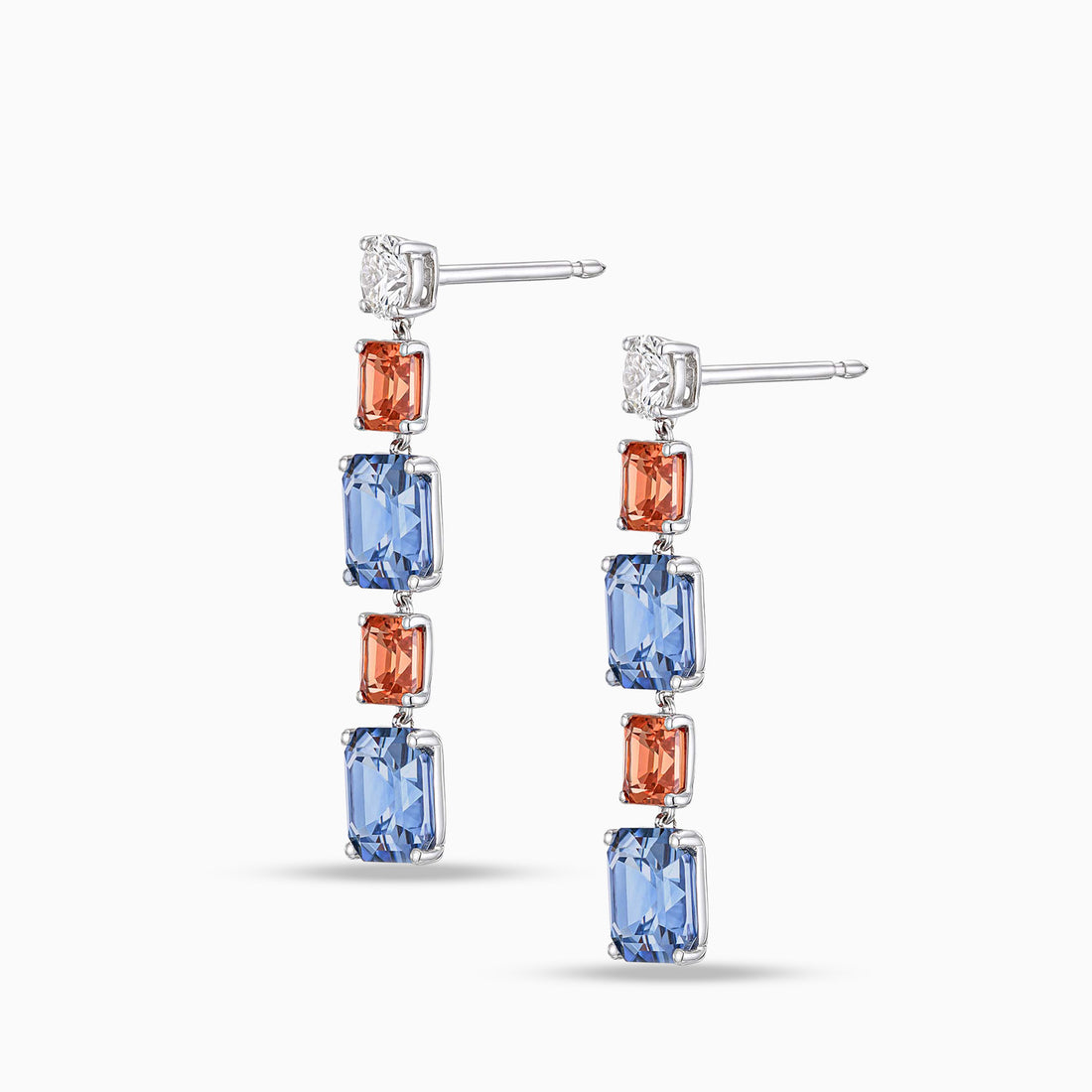 Blue and red Asscher cut sapphire drop earrings with round brilliant cut diamonds in 18K white gold