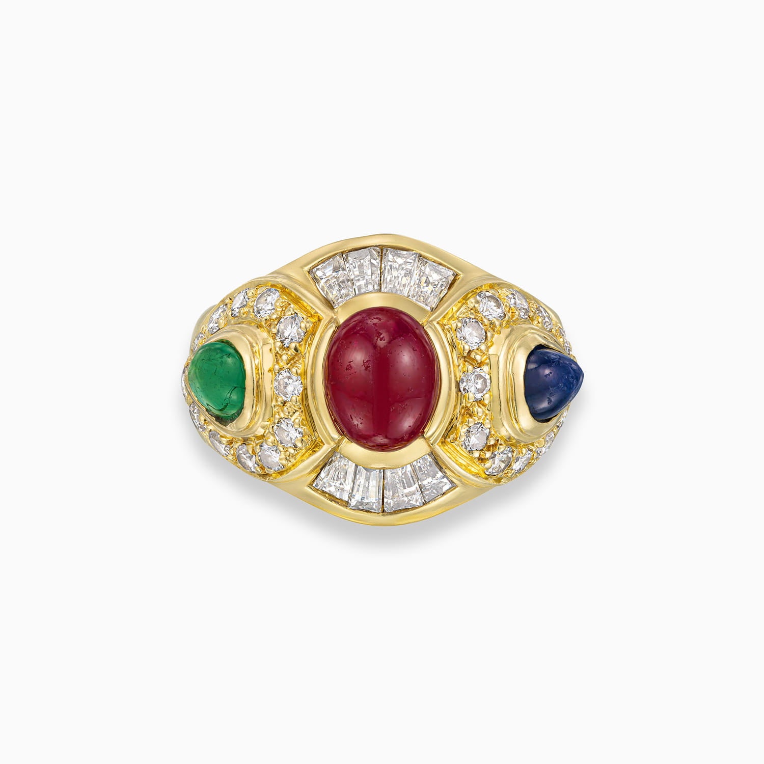 Cabochon ruby ring with emerald, sapphire and diamond accents in 18K yellow gold