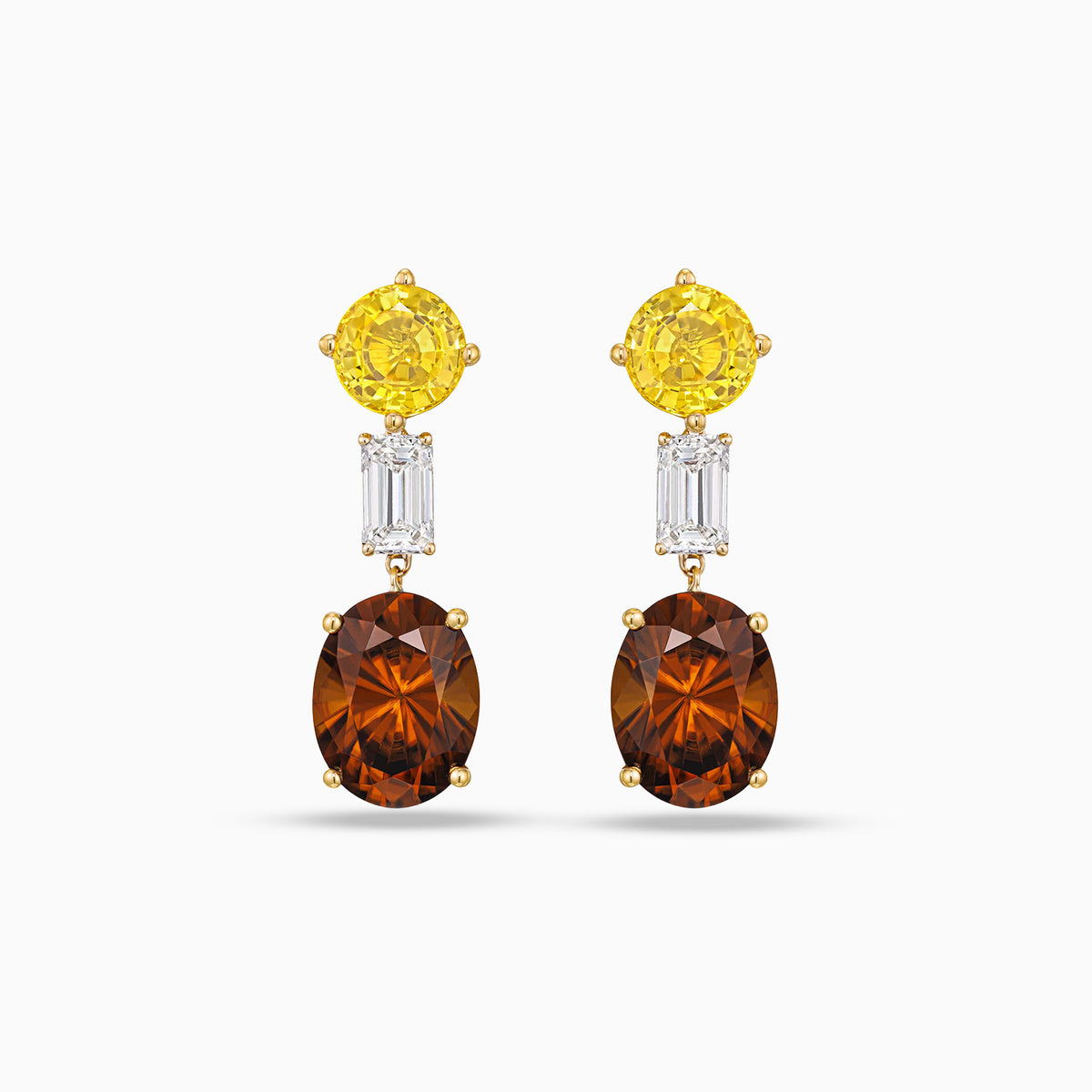 Oval chocolate zircon, yellow sapphire and emerald cut diamond drop earrings in 18K yellow gold