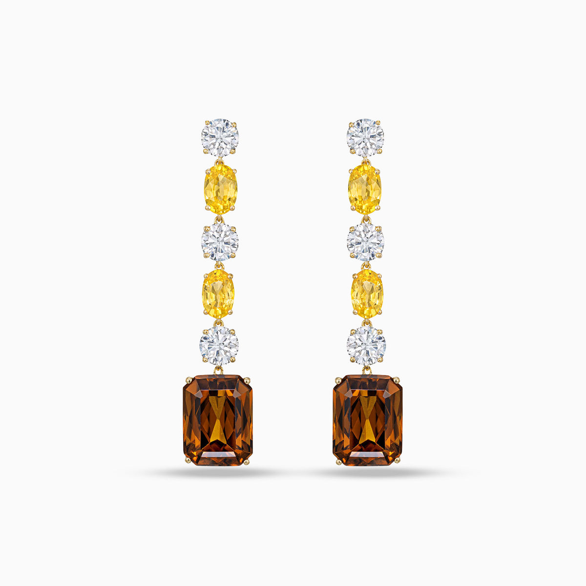 Emerald cut chocolate zircon drop earrings with yellow tourmalines and round brilliant cut diamonds in 18K yellow gold