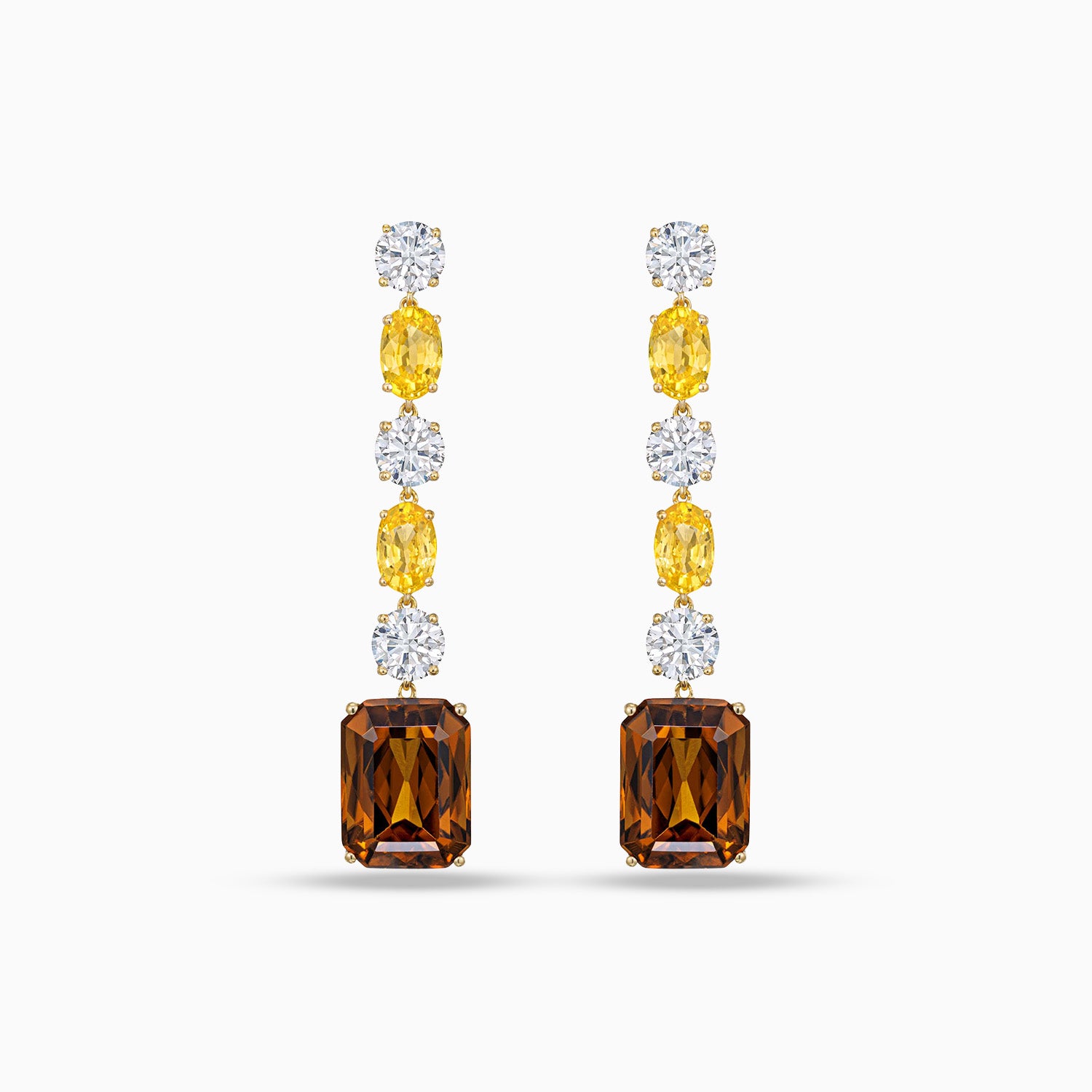 Emerald cut chocolate zircon drop earrings with yellow tourmalines and round brilliant cut diamonds in 18K yellow gold