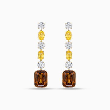 Emerald cut chocolate zircon drop earrings with yellow tourmalines and round brilliant cut diamonds in 18K yellow gold