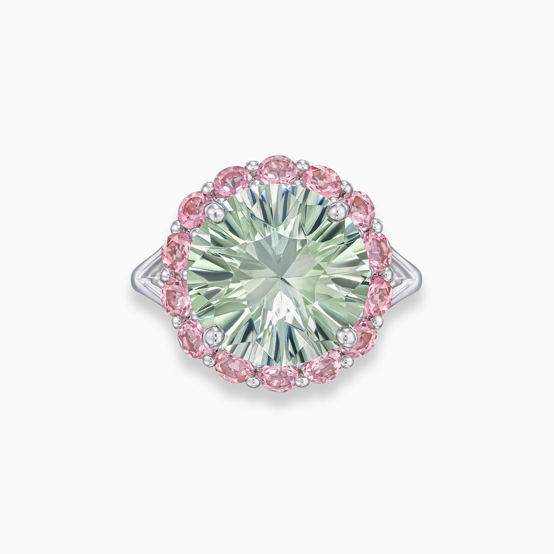 Concave cut quartz ring with round pink tourmaline halo in 18K white gold
