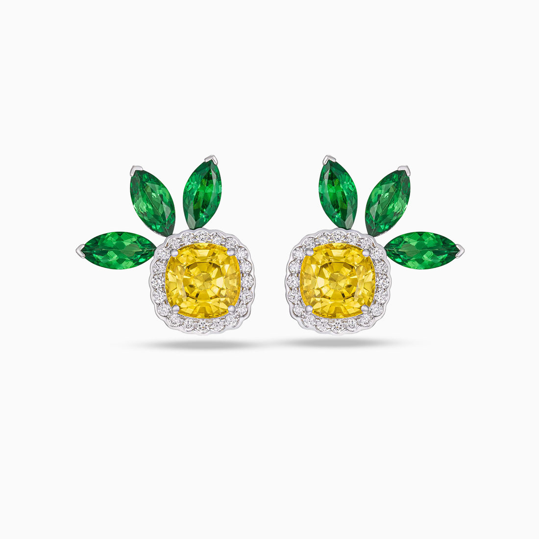 Cushion shape yellow sapphire earrings with marquise tsavorites and micropavé diamonds in 18K white gold