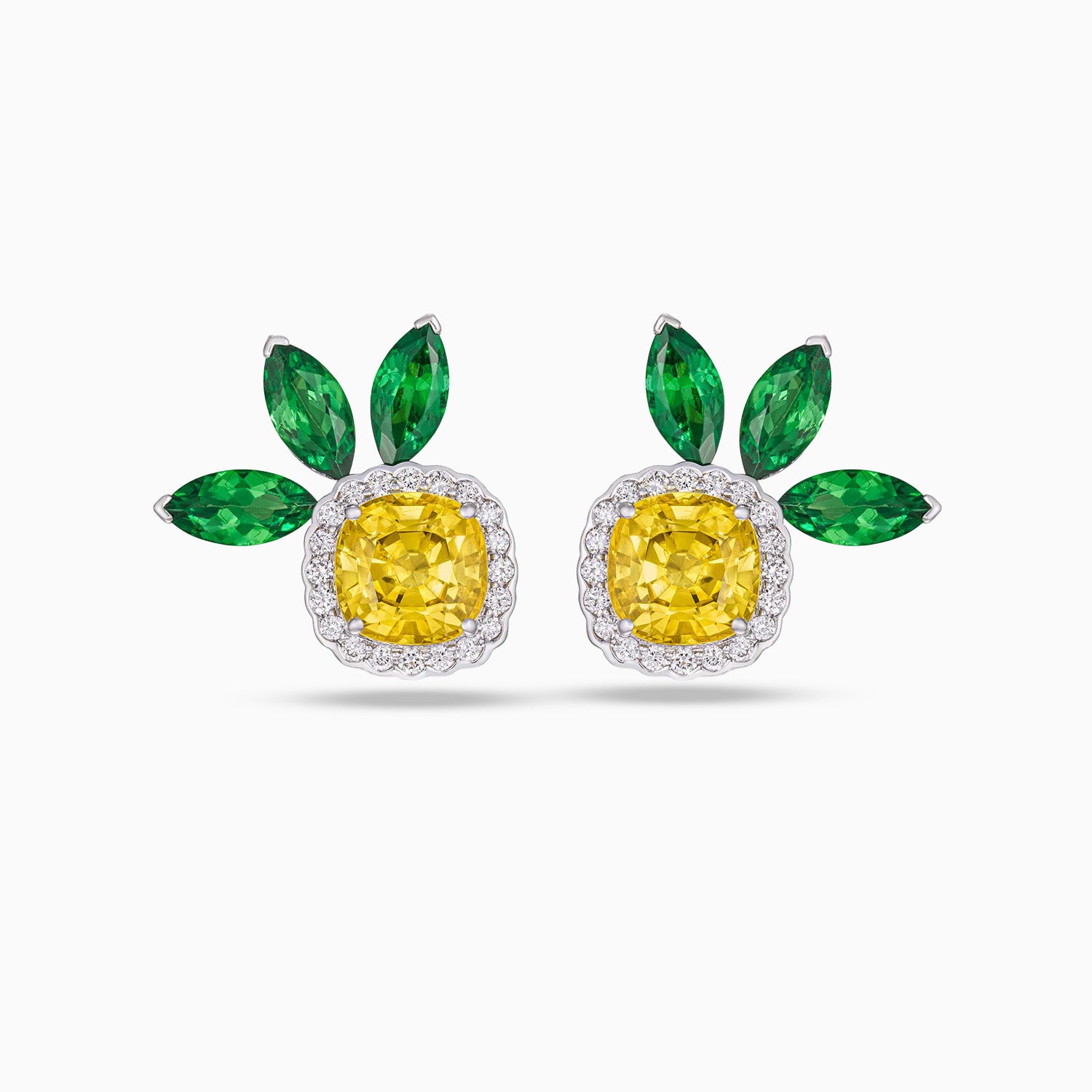 Cushion shape yellow sapphire earrings with marquise tsavorites and micropavé diamonds in 18K white gold