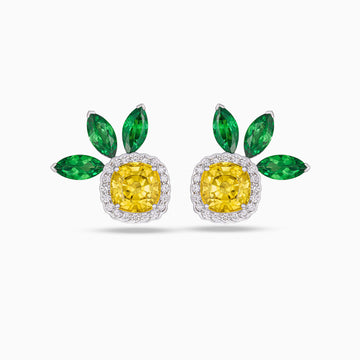 Cushion shape yellow sapphire earrings with marquise tsavorites and micropavé diamonds in 18K white gold