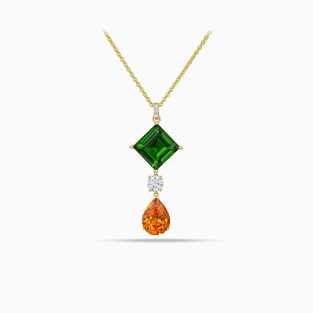 Chrome diopside pendant with round brilliant cut diamond and pear shape hessonite garnet in 18K yellow gold