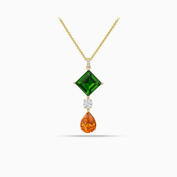 Chrome diopside pendant with round brilliant cut diamond and pear shape hessonite garnet in 18K yellow gold