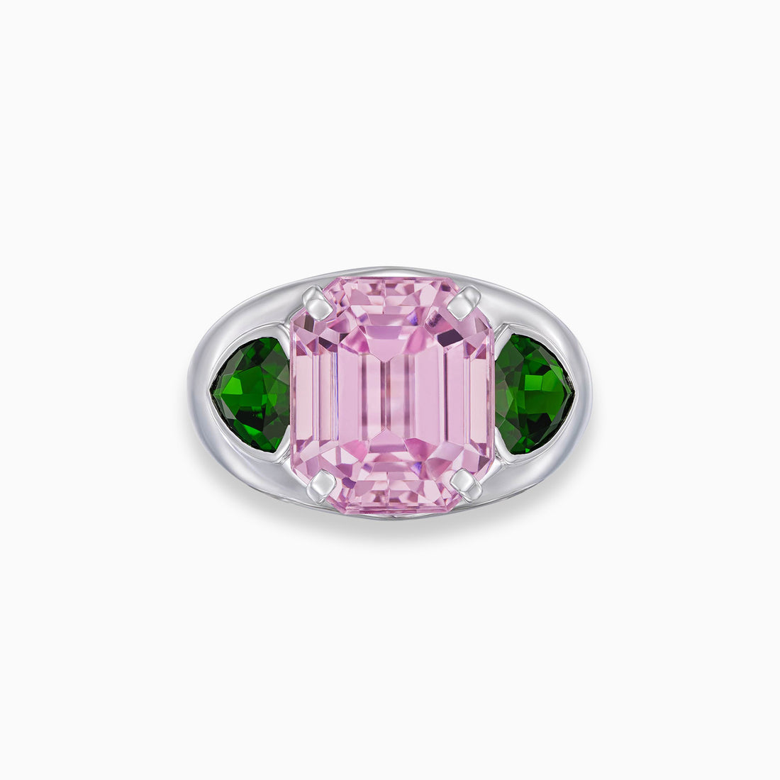 Emerald cut kunzite ring with trillion green tourmaline side stones in 18K white gold