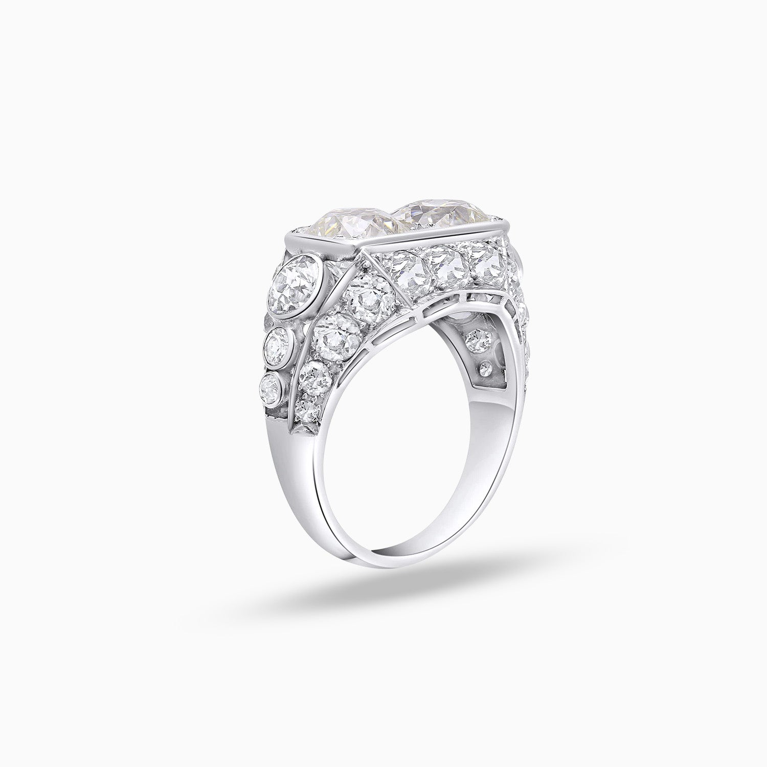 Side view of French Art Deco old mine cut diamond ring in 18K white gold