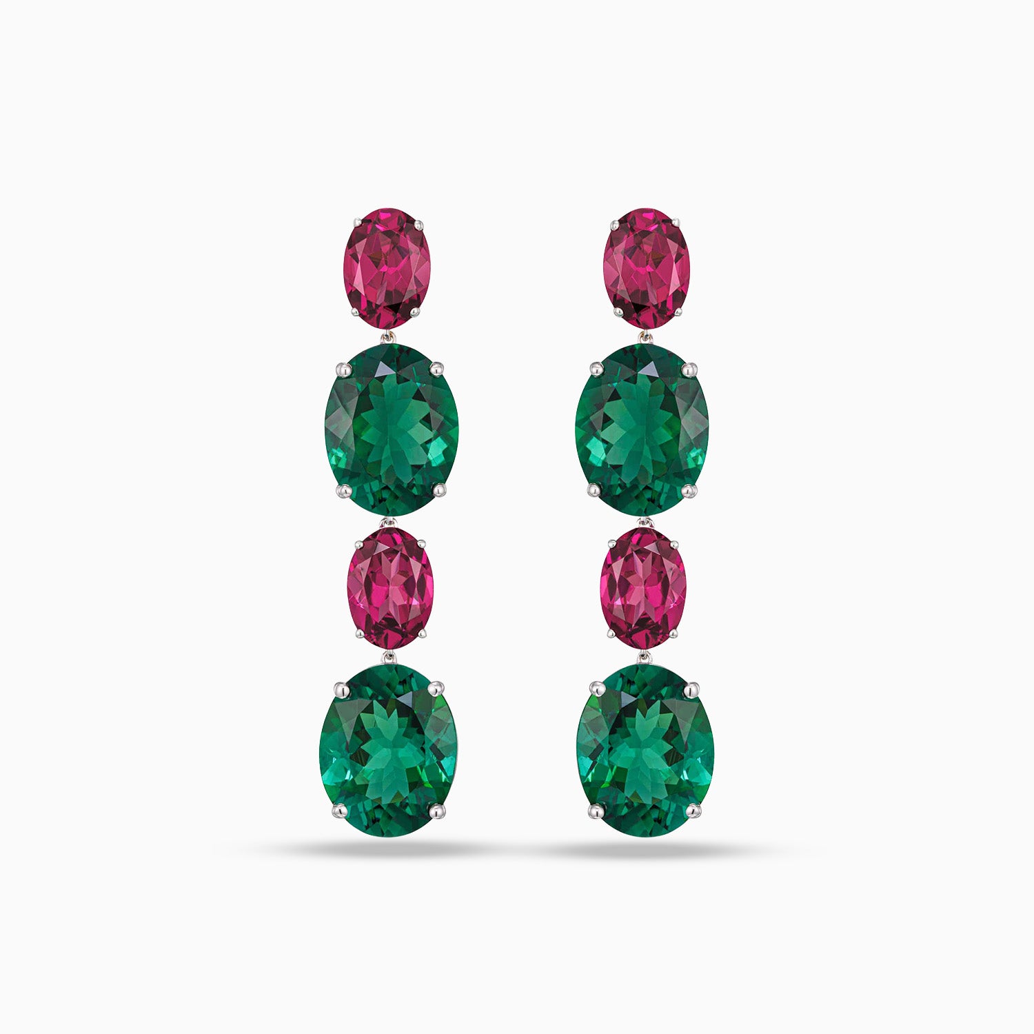 Oval green tourmaline and grape garnet drop earrings in 18K white gold