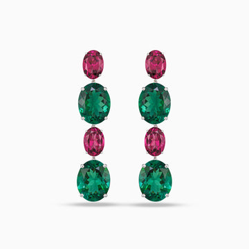 Oval green tourmaline and grape garnet drop earrings in 18K white gold