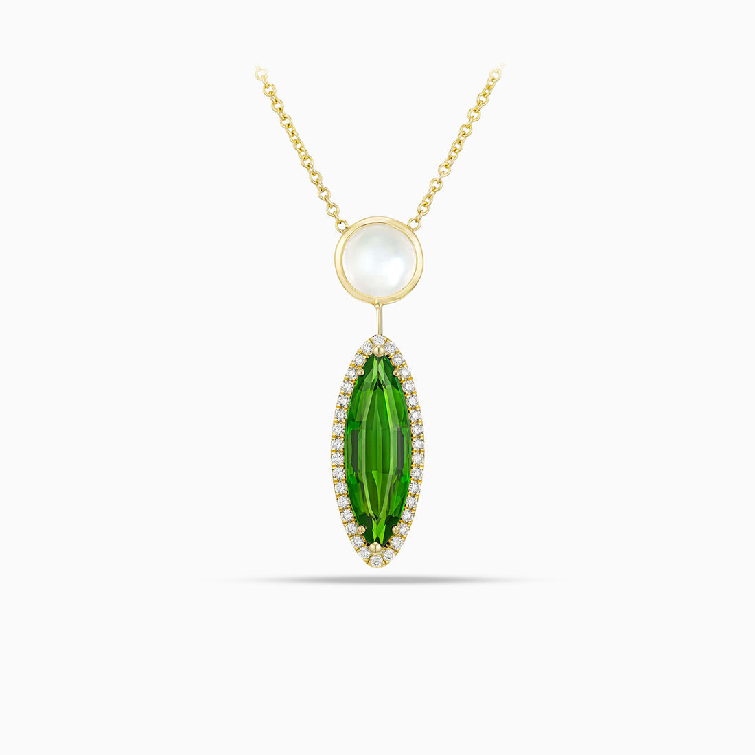 Green tourmaline pendant with round moonstone and round brilliant cut diamonds in 18K yellow gold