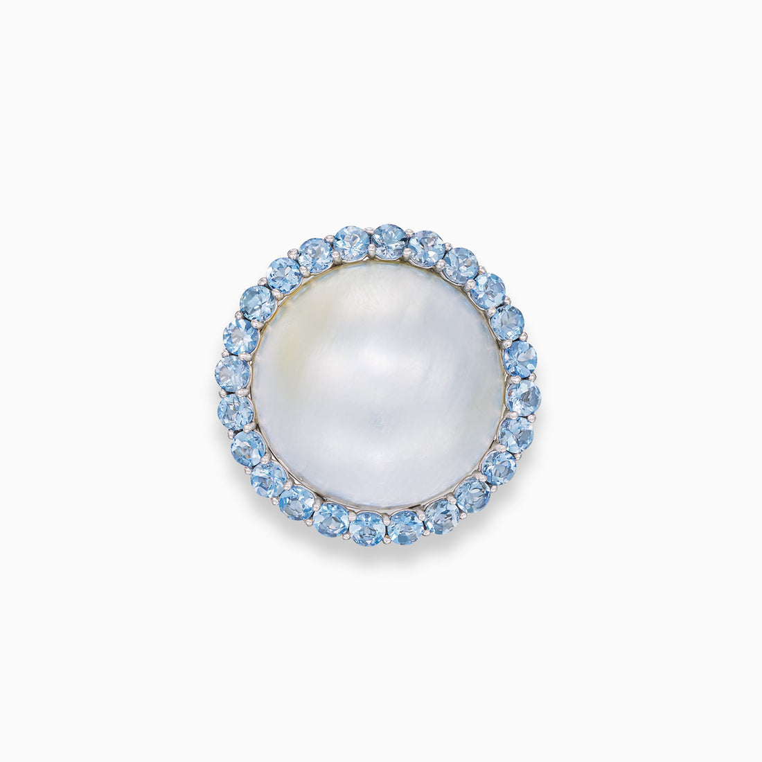 Mabe cultured pearl dome ring with round aquamarine halo in 18K white gold