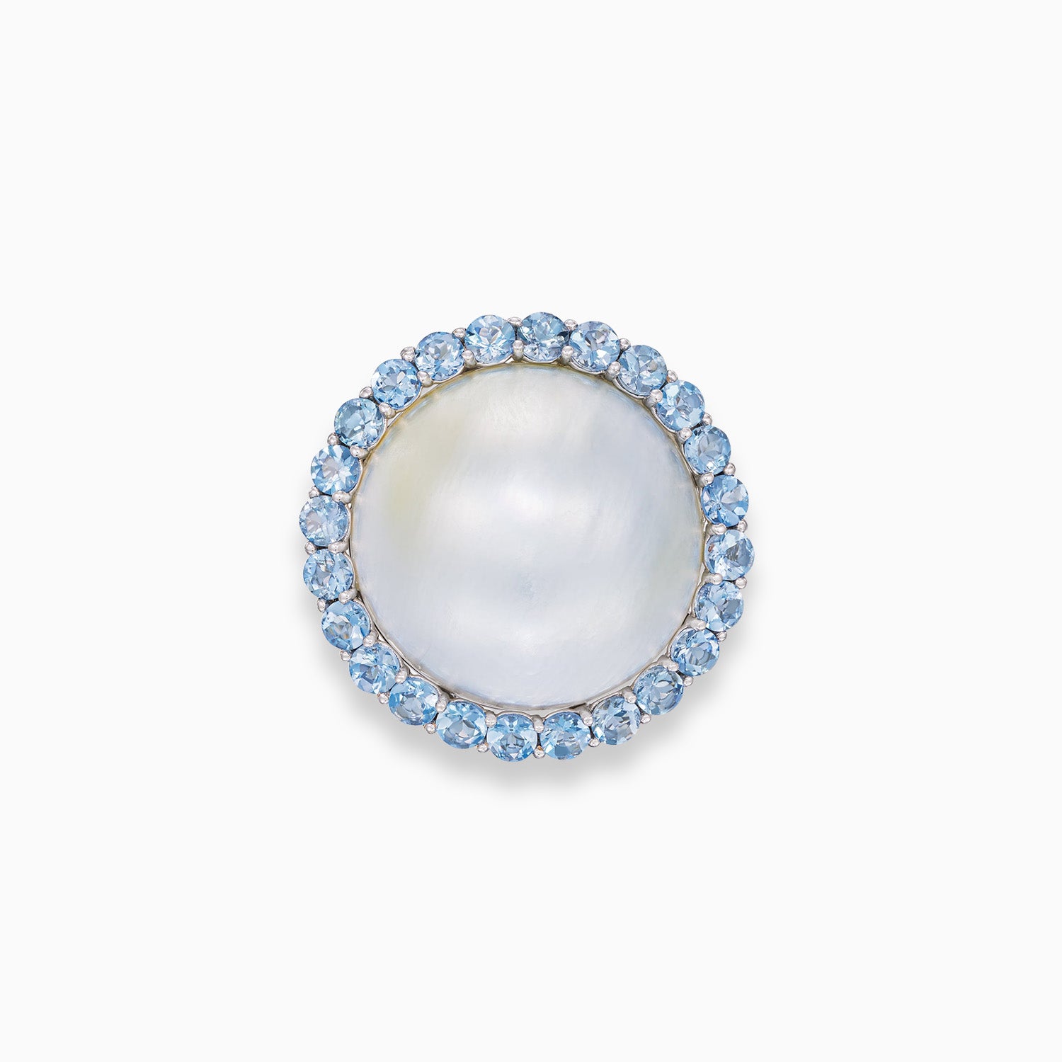 Mabe cultured pearl dome ring with round aquamarine halo in 18K white gold