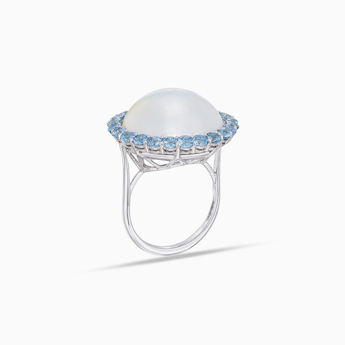 Mabe cultured pearl dome ring with round aquamarine halo in 18K white gold